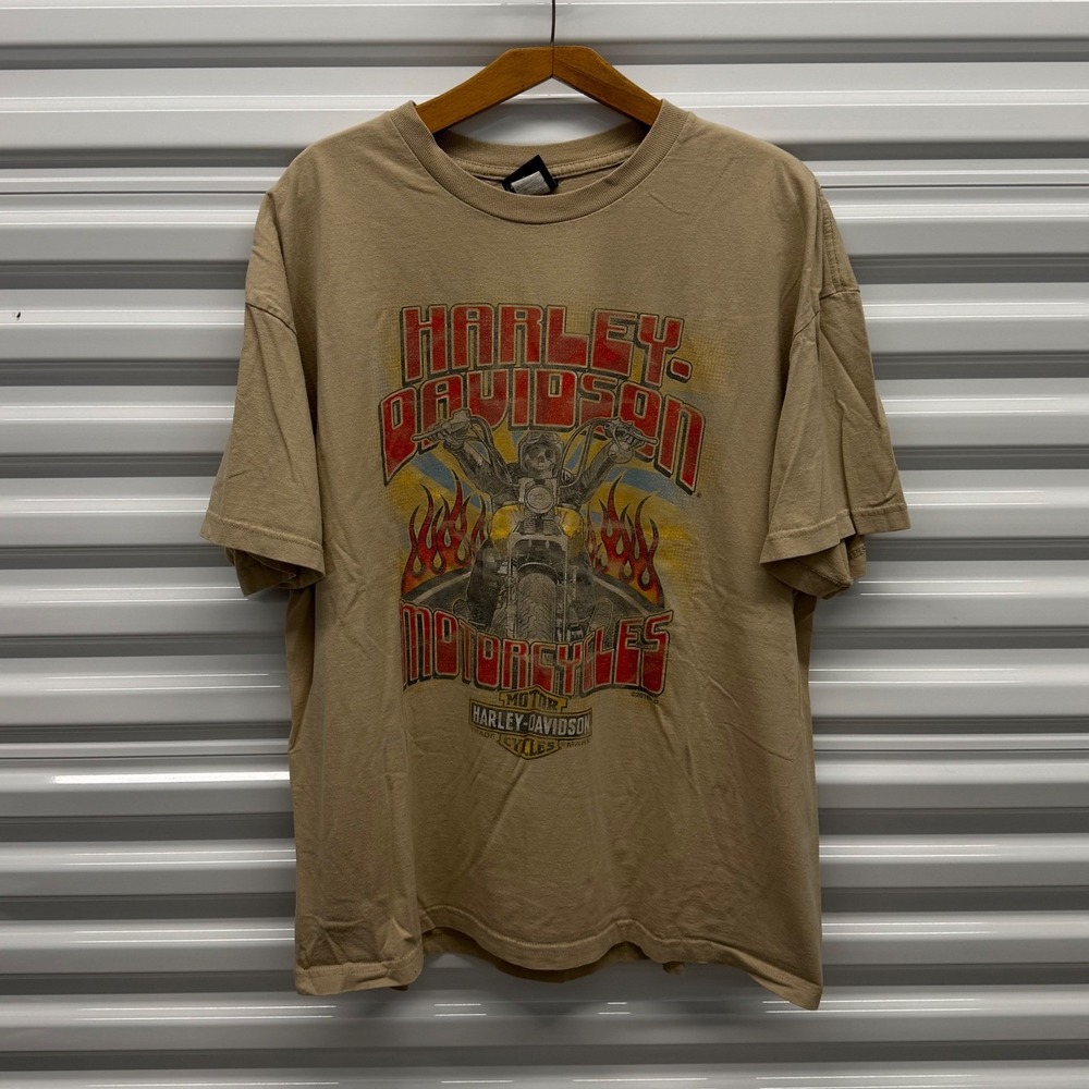 Vintage Harley Davidson Flame Skull Biker Chicago Tan Mens XXL Shirt